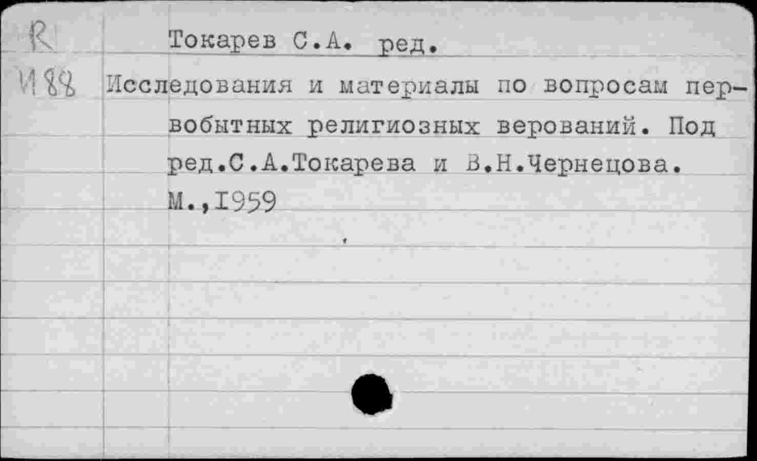 ﻿Г- . к	Токарев С.А. ред.	
И №	Исследования и материалы по вопросам пер-	
	вобытных религиозных верований. Под ред,С.А.Токарева и В.Н.Чернецова.	
	М..1959	
		•
		
		
		
		• —
		
		